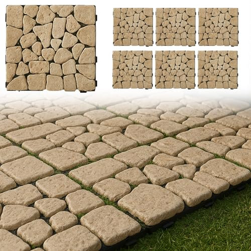 MAKA Pavimento a Incastro per Esterno in Pietra, Piastrelle 30x30 cm Giardino a Incastro, Mattonelle Facili da Installare per Balcone, Terrazzo con Drenaggio Acqua (Beige, 6 Piastrelle 0,5 mq)