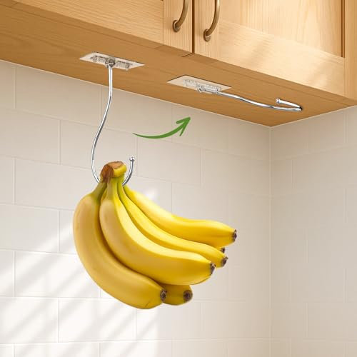 Latoxcaa Banana Holder to Keep Fresh 2Pcs, Self Adhesive Banana Hooks for Hanging, Folding Banana Hanger Under Cabinet 15lb(Max), Large Heavy Duty Hooks, Hanging Items in Kitchen, Mental