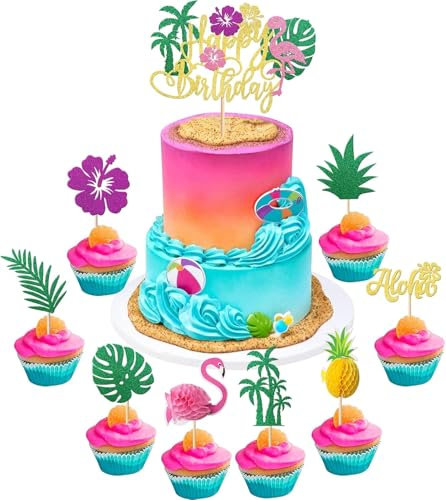 Flamingo Tortendeko, 25pcs Hawaii Kuchendekoration Set, Tropical Cake Topper, Hawaii Cake Topper, Flamingo Cupcake Topper, Sommer Cupcake Deko Tortendeko, 3D Flamingo Torten Topper