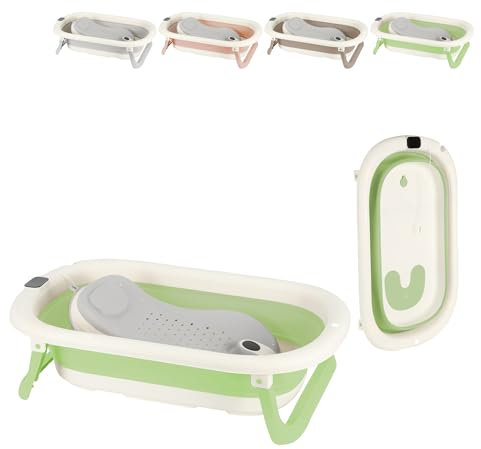 XUANYU Baignoire Bébé avec Thermomètre à eau et Transat de Bain, Baignoire Bebe sur Pied, Bassine Bebe Pliable et Portable, Antidérapant et Confortable, Baignoire de Voyage pour Nouveau-nés (Vert)