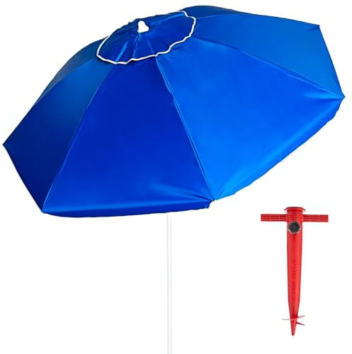 Pincho Grand parasol de plage avec support inclus, protection UV50+, inclinable et hauteur réglable, 8 baleines en fibre de verre, tube métallique, résistant au vent, Bleu lisse