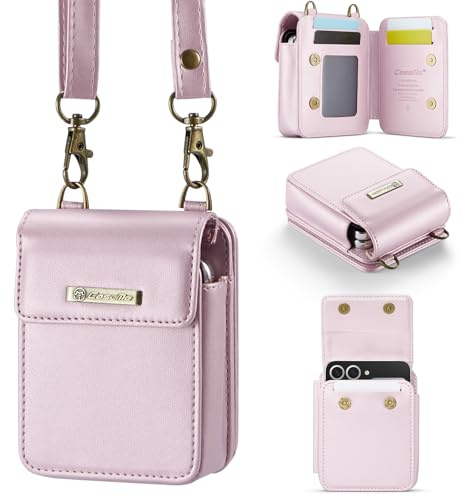 AJDJTEN KlapphandyHülle für Samsung Galaxy Z Flip 3/4/5/6/7/7FE, Motorola Razr 2019-2025, RFID-Blocker, Kartenfächern, Verstellbarem Trageriemen, Geldbörse Mini Bag Schutzhülle Case Rosa