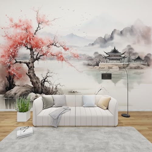GEDAEUBA Papier Peint Panoramique Japonais Paysage, Papier Peint Intissé Motif Peinture à L'encre Oriental, Tapisserie Panoramique Salon, Décoration Murale Chambre, 300x210 cm