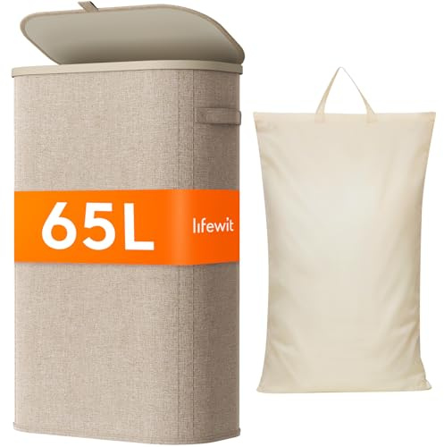 Lifewit Schmal Wäschekorb mit Deckel, 65L Wäschesammler mit Kunststoffrahmen, faltbarer großer Wäschesortierer, Wäschebox Laundry Baskets für Schlafzimmer, Bad, Beige
