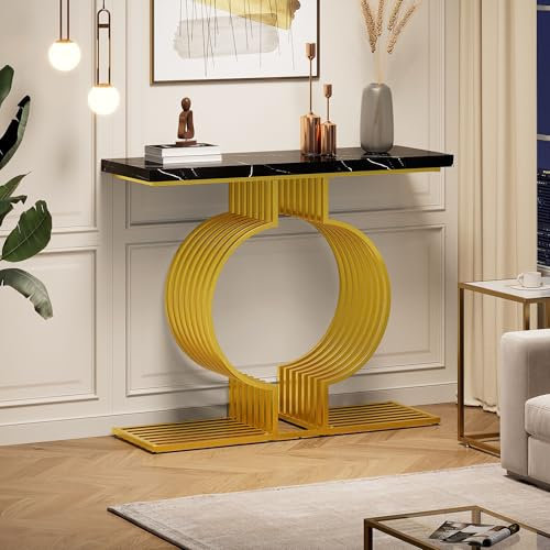 Merax Table console élégante avec pieds en métal réglables - Petite table d'exposition - Table basse étroite pour salon, entrée, couloir - 100 cm - Noir et doré
