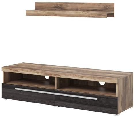 Meuble TV BRAZZA 140 cm avec étagère Murale – 2 abattants – Noyer Satin et niches Visibles