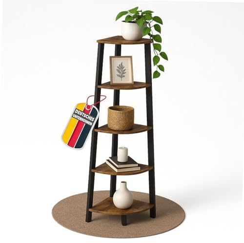 Mein-Regal Eckregal Vintage, Braun, Metallregal schwarz mit Holz Regalbrett | 159 cm hohes Bücherregal, 3-seitiges Standregal, offenes Wandregal 5 Ablagenflächen, Regal konische Form