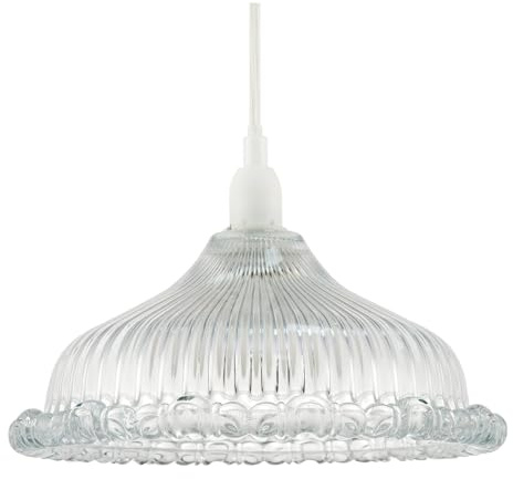 Modern Designer Clear Line Ribbed Glass Pendant Ceiling Lighting Shade with Moulded Rippled Edge | E14 only | 12cm x 25cm by Happy Homewares