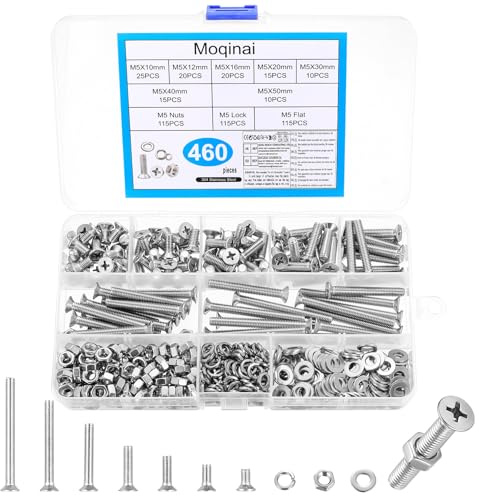 460 Stück M5 Schrauben Set,Senkkopfschrauben mit Muttern Sets, Edelstahl Senkkopfschrauben Muttern Sets, Kreuzschlitz Maschinenschrauben Sortiment, M5 Edelstahl Schrauben Set mit Unterlegscheiben