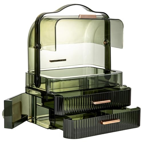BLUE BAZAAR Portable Clear Makeup Organizer with Drawers, Dustproof Cosmetic Storage Box for Skincare, Lipsticks & Masks – Acrylic Bathroom Countertop Vanity Organizer (Green)
