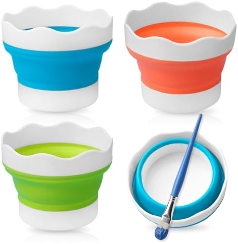 3 PCS Water Pot for Painting, Collapsible Paint Brush Washer Silicone Paint Water Pots Foldable Mini Washing Bucket (Blue, Orange, Yellow)