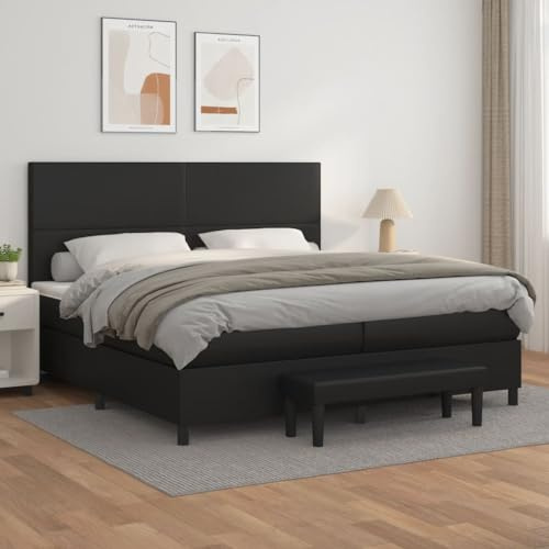 QJBSAVVA Boxspringbett 200x200 cm Schwarz Kunstleder mit Taschenfederkernmatratze höhenverstellbarem Kopfteil & Bank Modernes Doppelbett Luxus Optik für Schlafzimmer Gästezimmer
