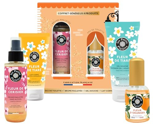 Coffret Cadeau Les Petits Plaisirs – Le Village des Senteurs Fleur d’Oranger – Eau de toilette 30ml, Brume pailletée, Gel douche & Lait corps – Fabriqué en France