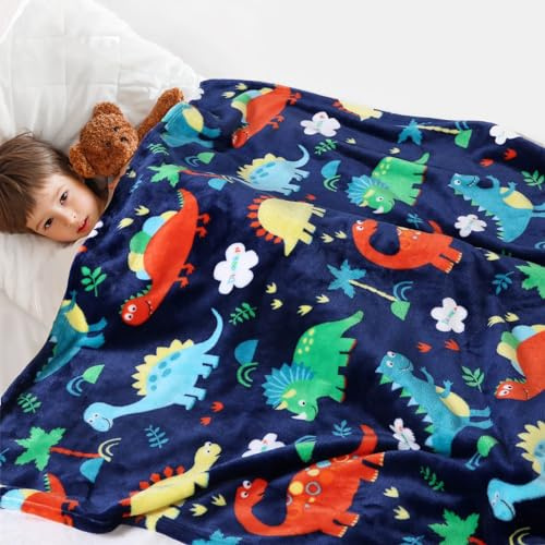 Dinosaurier Decke für Kinder, Kuschelige Dino Fleecedecke für Jungen und Mädchen, Weiche Flanell Kuscheldecke mit Bunten Farben und Niedlichem Dinosaurier Design, Warme Kinderdecke(130 x 150 cm, Blau)