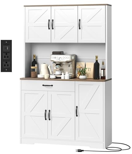 GRUSIGN 71 Pantry Cabinet with Charging Station, Large Capacity Kitchen Hutch Storage Cabinet, Kitchen Cabinet with Microwave Stand, Storage Drawers & Adjustable Shelves for Dining Room, White