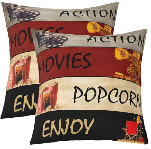 Manfei Filmthema Werfen Kissen Abdeckung Pack von 2,Vintage Kino Kissenhülle für Schlafzimmer Wohnzimmer Sofa Dekor,Popcorn Film Kino Theater Kissenabdeckungen, 40x40 cm