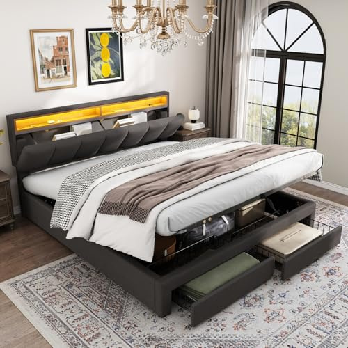 KOOPMAD Lit Coffre 180x200 à LED, Lit Double avec Sommier et 2 Tiroirs, Lit Rembourré Hydraulique avec Étagères Ouvertes et Rangement Caché en Tête de Lit Capitonné, sans Matelas, Lin, Gris