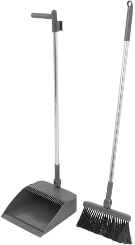 Angoily Soft-Bristle Lobby Broom and Standing Dustpan Set, Two-piece Handled Shovel with Plastic Trash Bin for Kitchen and Floor Cleaning in Home and Office, Gentleman Gray