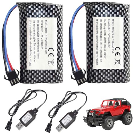 Nzkeuf 2Pcs Batteries Li-ION, 7.4 V 1200 mAh SM-3P Plug Batterie Voiture RC avec Chargeur, pour Huina 1575 Camion RC DE43 DE60 Voiture RC MN99s MN99 MN98 MN78 SGP06 Jeep Télécommandée