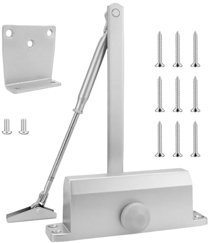 WPPQWP Automatischer Türschließer Feststellfunktion Gewicht 65-85kg | Türschliesser Haustür für Innentür & Außentür Hydraulische Dämpfung Variabel Einstellbar Leise Silber (L)