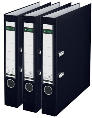 Leitz Qualitäts-Ordner 180° Plastik, 3er Pack, das Original, A4 Aktenordner 5 cm schmal, 90% Recycling-Karton, 30% Pre-Consumer Recycling-Kunststoff, Mit 180° Mechanik, 350 Blatt, Schwarz, 310345095