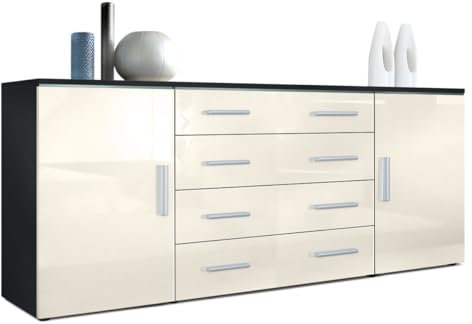 Vladon Sideboard Faro V2, Made in Germany, Kommode mit 2 Türen und 4 Schubladen, Schwarz matt/Creme Hochglanz (166 x 72 x 35 cm)