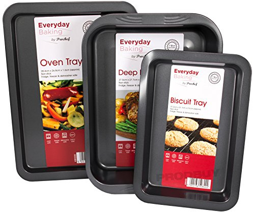 3 Piece ProChef Non-Stick Baking Tray Set [38.4cm x 26.8cm Oven Tray / 37.5cm x 27.7cm Deep Roasting Tin / 31.21cm x 21.1cm Biscuit Tin]