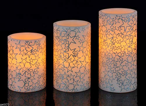 Haushalt International LED Echtwachskerzen 3er Set mit weihnachtlichen Muster Advent Weihnachten