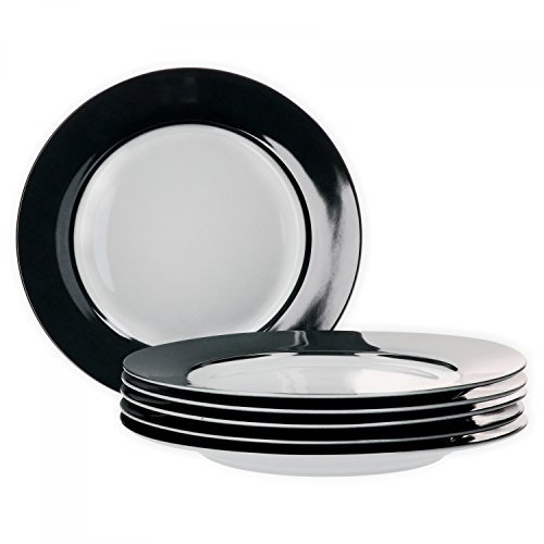 van Well Vario Speiseteller-Set 6-teilig - Tafel-Service für 6 Personen - flache Ess-Teller mit Ø 26,5cm - Porzellan-Service weiß mit Rand in Schwarz - Teller-Set mikrowellengeeignet