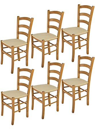 Tommychairs - Set 6 chaises Venice pour Cuisine, Bar et Salle à Manger, Robuste Structure en Bois de hêtre peindré en Couleur chêne et Assise rembourrée et revêtue en Tissu Couleur Chanvre