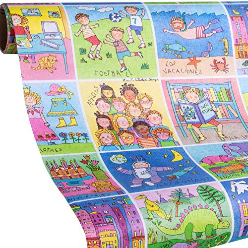 Geschenkpapier Kinder, 5 Meter Rolle Kinder Geschenkpapier MEMORY, Gratis dazu: 9x Geschenkanhänger. Prima zum Geburtstag, Einschulung, Weihnachten, Ostern