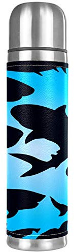 Squali, bottiglia d'acqua a prova di perdite, in acciaio inox, thermos isolato, per bevande calde e fredde, 500 ml, per ufficio, scuola, viaggio
