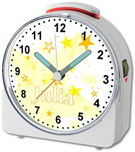 CreaDesign, WU-71-1030-03, Sterne Gelb, analog Kinderwecker weiß, Funkwecker mit Sweep-Uhrwerk und fluoreszierenden Zeiger und Licht, personlisiert mit Namen, 10,2 x 4,6 x 11 cm