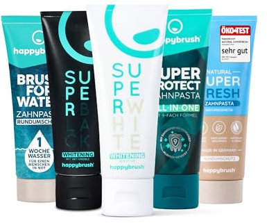 happybrush Natürliche & Vegane Zahnpasta Mix-Pack - Natürliche Zahncreme für gesunde und weisse Zähne ohne Mikroplastik für frischen Atem - Zahnpflege im großen Set (5 x 75ml)