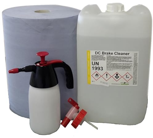 DC DruckChemie GmbH Bremsenreiniger Kanister 10L, acetonfrei + Auslaufhahn, Putzpapierrolle & Drucksprüher