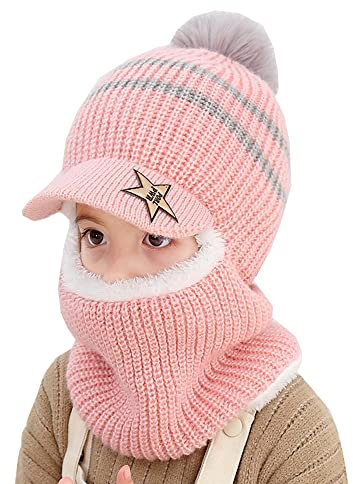 ZuoChen Kinder Jungen Mädchen Wintermütze Schal Set Warm Strick Kapuze Schal Beanie Mütze Rosa, Pink, Einheitsgröße