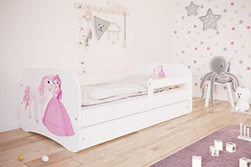 Bjird Kinderbett Jugendbett 70x140 80x160 80x180 Weiß mit Rausfallschutz Matratze Schublade und Lattenrost Kinderbetten für Mädchen und Junge - Prinzessin und Pferd 140 cm
