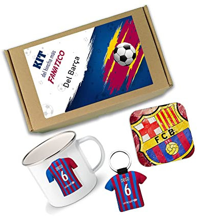 Caja de regalos Barcelona personalizada con nombre, taza del Barcelona, llavero del Barcelona, posavasos del Barcelona (Barça)