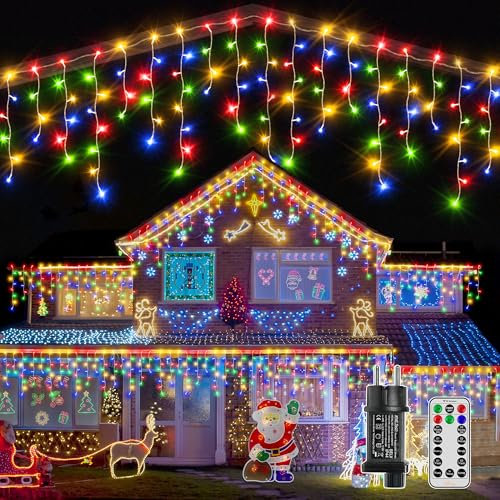 Ollny Eisregen Lichterkette Außen 15M 594 LED Lichterkette Außen bunt mit Stecker Fernbedienung Wasserdicht 8 Leuchtmodi Weihnachtsbeleuchtung Außen für Balkon Dachrinne Fenster Haus Geländer