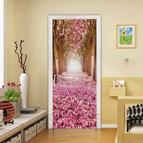 ZAPVI Sticker Porte Poster Trompe l'oeil arbre fleur rose Décoration Murale Autoadhésif pour Cuisine, Salon, Chambre, Salle de Bain 77X200cm