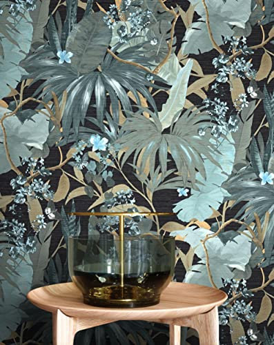 NEWROOM Tapete Türkis Vliestapete Dschungel - Dschungeltapete Floral Schwarz Blumen Blätter Blumentapete Tropisch Mustertapete grau inkl. Tapezier-Ratgeber
