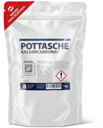 Pottasche 1 kg – Kaliumcarbonat, K2CO3, Kalisalz Pulver | Alkalischer Reiniger und Fettlöser | Rohstoff für Seifenherstellung und Glasindustrie | CAS 584-08-7