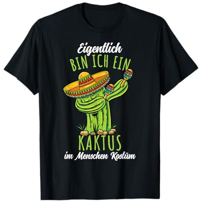 Eigentlich Bin Ich Ein Kaktus Kostüm T-Shirt - Schwarz, Cartoon-T-Shirt, Klassisch, V-Ausschnitt, Kurzarm, Unisex, Small, Polyester 100%