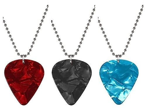LJFEA Plettri per Chitarra, 3 Pezzi, Collana per Uomo e Donna, Plettri in Acrilico per Chitarra Acustica, Basso Elettrico, Nero, Rosso, Blu