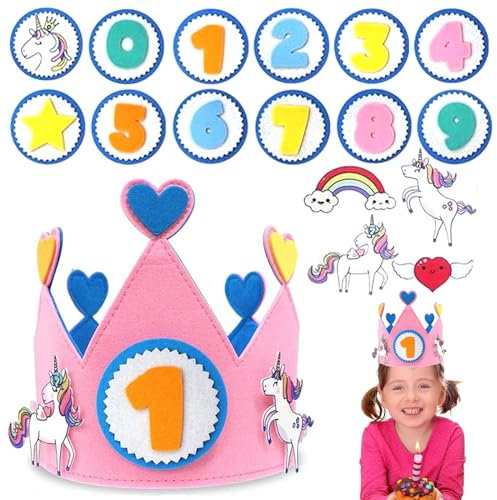 RISVOWO Geburtstagskrone Kinder, Geburtstagskrone Mädchen, Krone Geburtstag, für Mädchen und Jungen, Partyzubehör Einhorn Deko, Stoffkrone mit Austauschbaren Zahlen Von 0-9