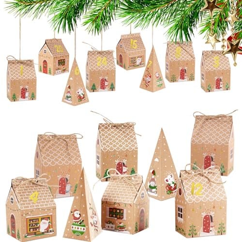 BOFUNX 24 Adventskalender Boxen zum Befüllen, Adventskalender Tüten mit 24 Zahlenaufklebern Geschenkbox Geschenkbeutel zum Basteln für Weihnachten Geschenk Kinder