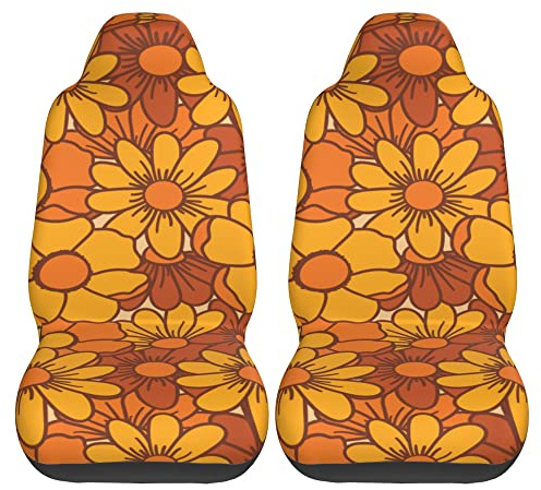 Retro 70er Jahre Orange Floral Auto Sitzbezüge Fahrzeug Vordersitzbezüge Universal Fit Sitzschutz (2 Stück)