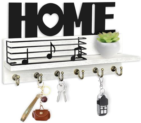 Bibykivn Porte Clef Mural Bois à 6 Crochets - HOME Décoration Boîte à Clés Vintage, Boite a Clefs Murale avec Étagère de Rangement pour Rangement Des Clés et Courrier à L'entrée (Blanc Vintage)