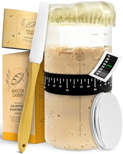 KRUSTENZAUBER Sauerteig Starter Set - 1000ml Gärglas mit Spatel u. Thermometer - Brot Backen Zubehör, Sauerteig Glas, Fermentieren, Sourdough Starter Kit, Anstellgut Glas Behälter, Fermentierglas