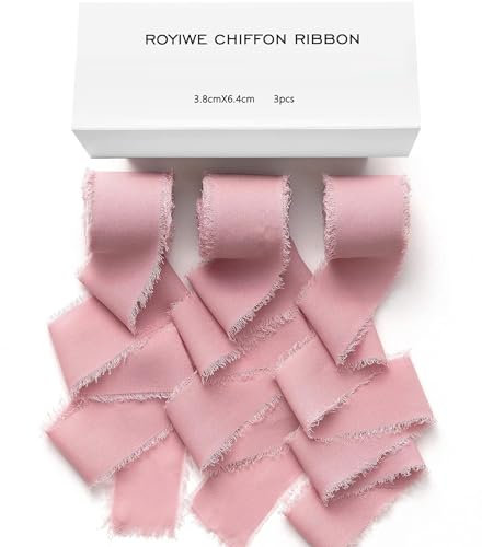 Lot de 3 rouleaux de ruban à franges - Rose large - 3,8 cm x 19,2 m - Ruban cadeau de mariage - En mousseline de soie - Pour travaux manuels, invitations de mariage, bouquets de mariée (vieux rose)